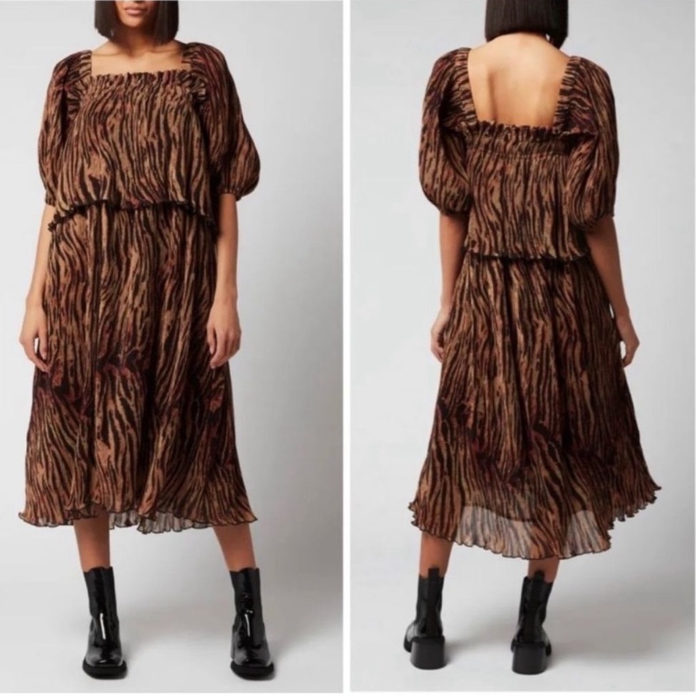 NWT GANNI Pleated Georgette Midi Dress Tigers Eye‎ Size 36 US Size 4 Printed